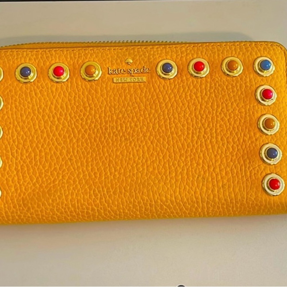 Kate Spade New York studded  Yellow pebbled leather zip around wallet